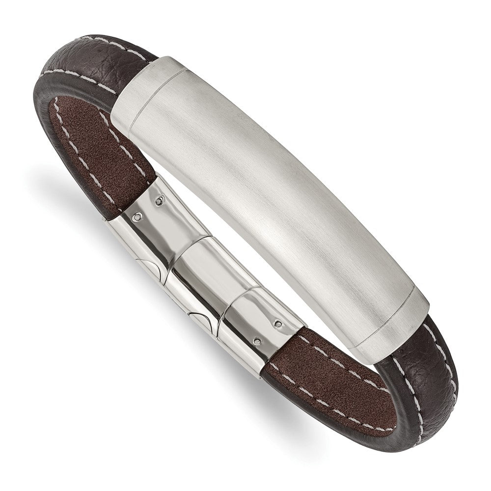 Stainless Steel Brushed Dark Brown Leather w/.5in ext 8in ID BraceletSRB3020-8