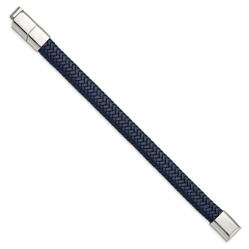 Stainless Steel Polished Navy Blue Leather w/.5in ext 7.75in BraceletSRB3021-7.75