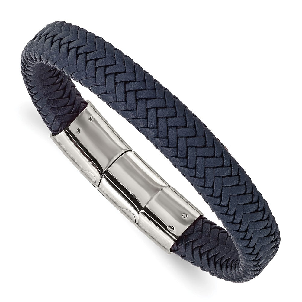 Stainless Steel Polished Navy Blue Leather w/.5in ext 7.75in BraceletSRB3021-7.75