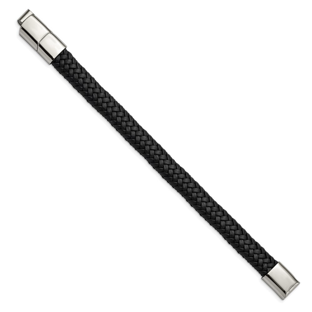 Stainless Steel Polished Black Woven Leather w/.5in ext 8in BraceletSRB3022-8