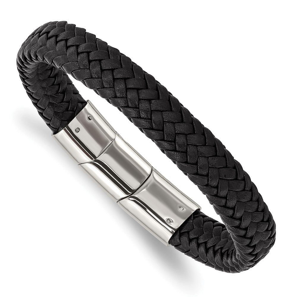 Stainless Steel Polished Black Woven Leather w/.5in ext 8in BraceletSRB3022-8