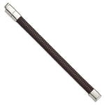 Load image into Gallery viewer, Stainless Steel Polished Woven D.Brown Leather w/.5in ext 8in BraceletSRB3023-8
