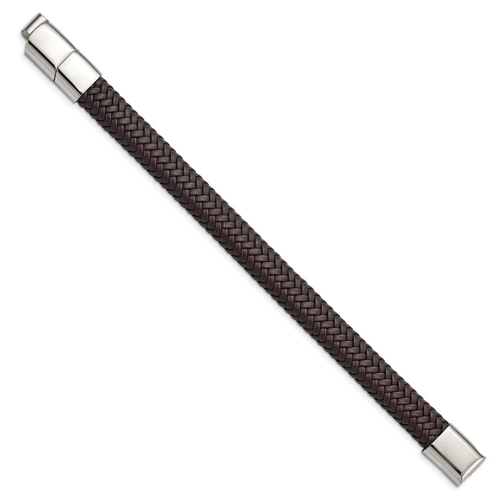 Stainless Steel Polished Woven D.Brown Leather w/.5in ext 8in BraceletSRB3023-8