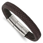 Load image into Gallery viewer, Stainless Steel Polished Woven D.Brown Leather w/.5in ext 8in BraceletSRB3023-8
