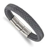 Load image into Gallery viewer, Stainless Steel Polished Grey Woven Leather w/.5in ext 8in BraceletSRB3025-8
