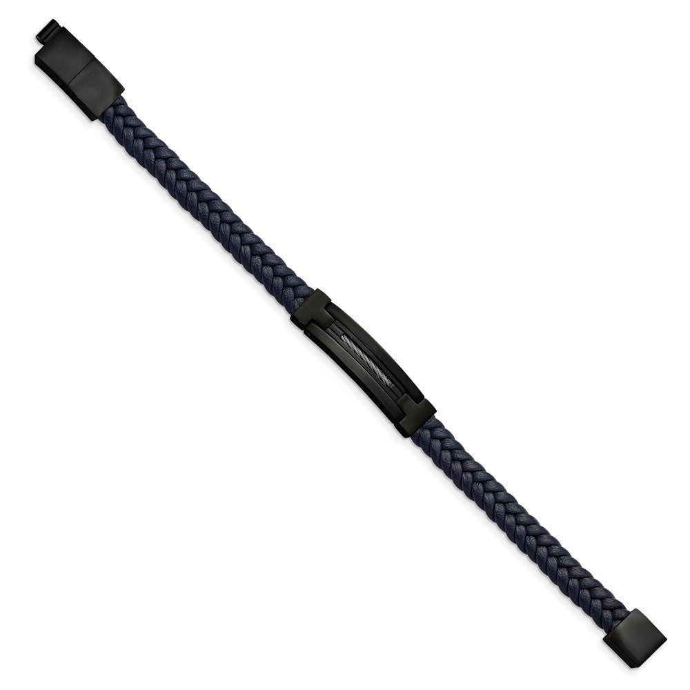 Stainless Steel Polished Black IP Navy Blue Leather w/.5in ext 8in BraceletSRB3031-8