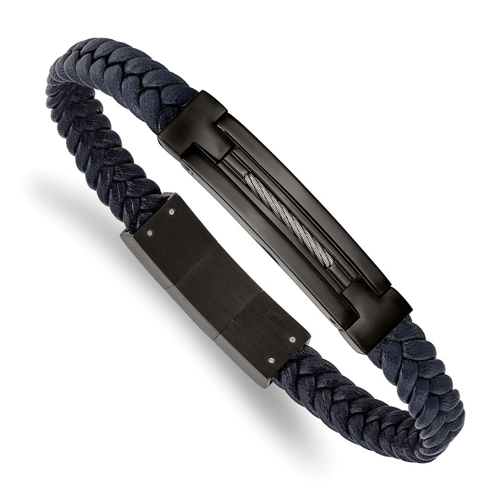 Stainless Steel Polished Black IP Navy Blue Leather w/.5in ext 8in BraceletSRB3031-8