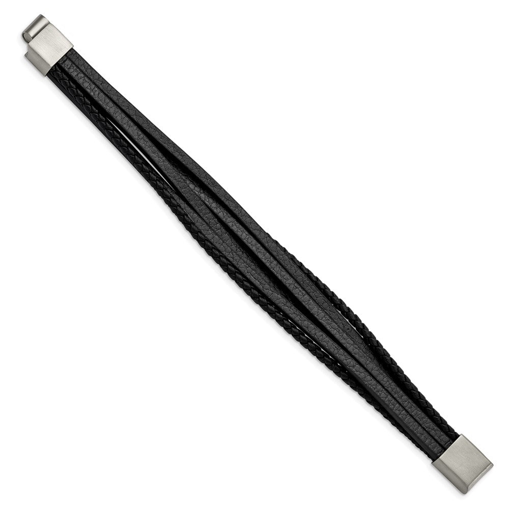 Stainless Steel Brushed Black Leather Multi Strand 8in BraceletSRB3032-8