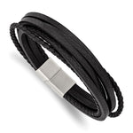Load image into Gallery viewer, Stainless Steel Brushed Black Leather Multi Strand 8in BraceletSRB3032-8
