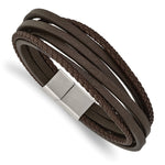 Load image into Gallery viewer, Stainless Steel Brushed Brown Leather Multi Strand 8in BraceletSRB3033-8
