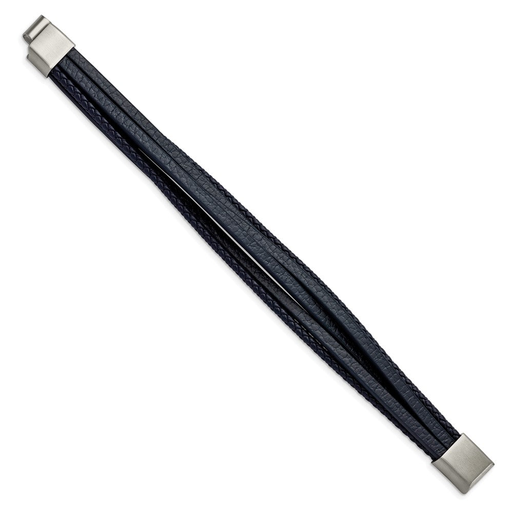 Stainless Steel Brushed Navy Blue Leather Multi Strand 8in BraceletSRB3034-8