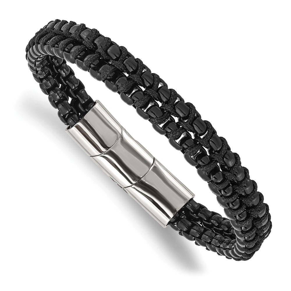 Stainless Steel Polished Black IP w/Black Cotton w/.5in ext. 8.5in BraceletSRB3035-8.5