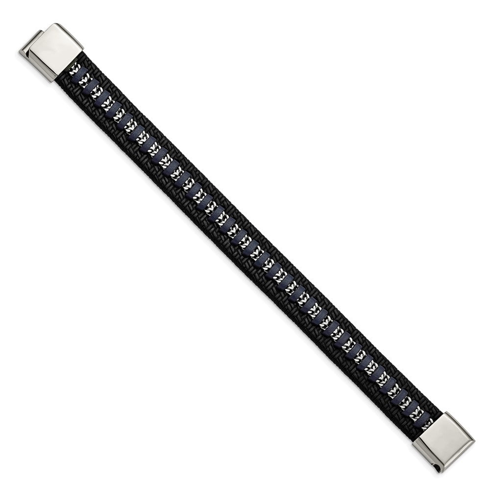 Stainless Steel Polished Black and Blue Leather 8.5in BraceletSRB3036-8.5