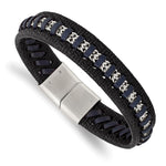 Load image into Gallery viewer, Stainless Steel Polished Black and Blue Leather 8.5in BraceletSRB3036-8.5
