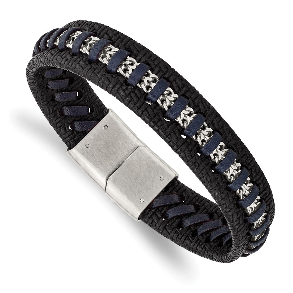 Stainless Steel Polished Black and Blue Leather 8.5in BraceletSRB3036-8.5