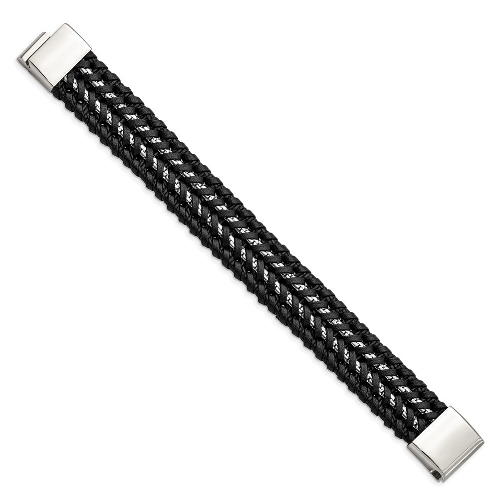 Stainless Steel Polished Black Woven Leather and Chain 8.5in BraceletSRB3037-8.5