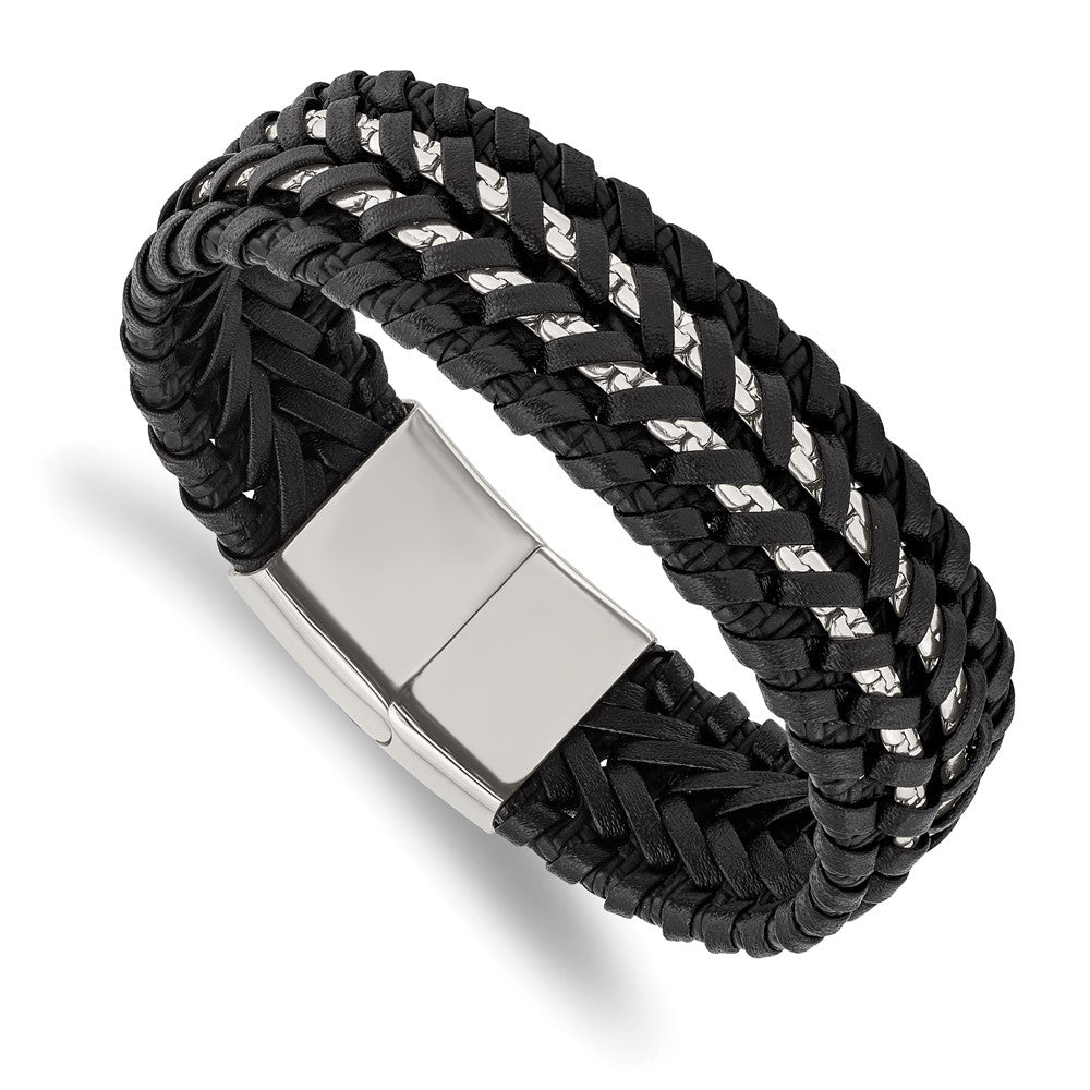 Stainless Steel Polished Black Woven Leather and Chain 8.5in BraceletSRB3037-8.5