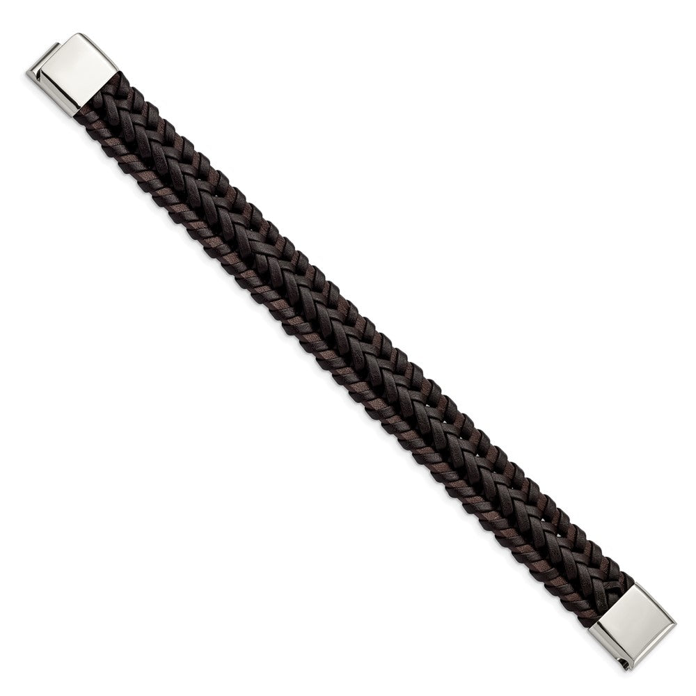 Stainless Steel Polished Braided Brown Leather 8.5in BraceletSRB3038-8.5