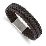 Load image into Gallery viewer, Stainless Steel Polished Braided Brown Leather 8.5in BraceletSRB3038-8.5
