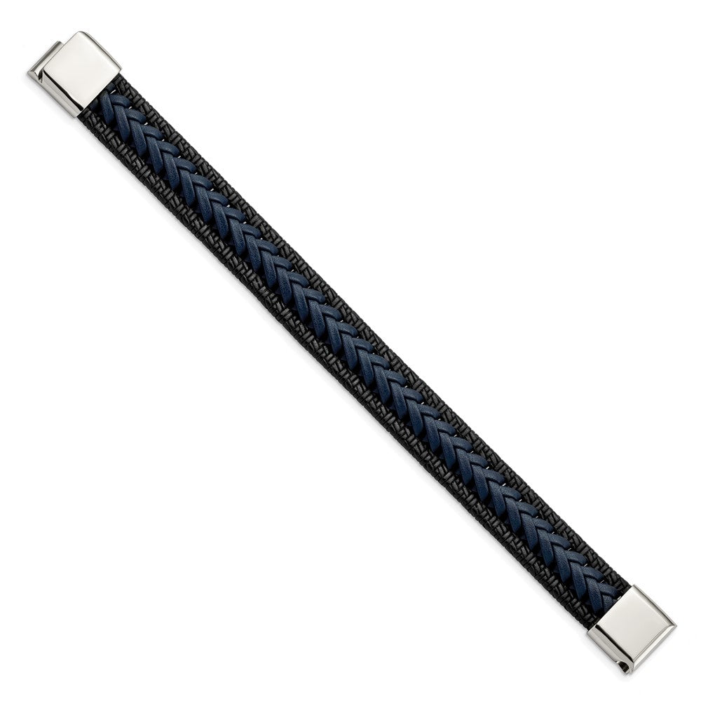 Stainless Steel Polished Black/Blue Braided Leather 8.25in BraceletSRB3039-8.25