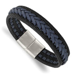 Load image into Gallery viewer, Stainless Steel Polished Black/Blue Braided Leather 8.25in BraceletSRB3039-8.25
