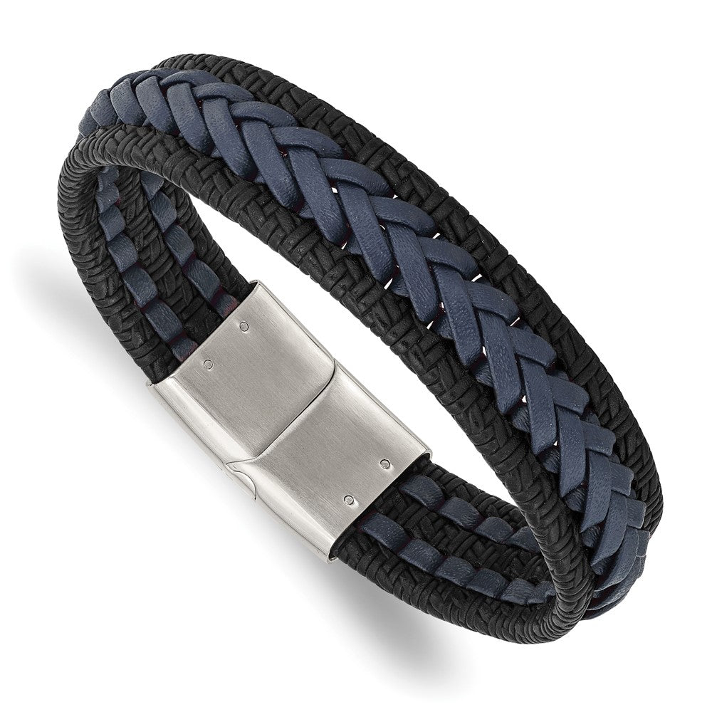 Stainless Steel Polished Black/Blue Braided Leather 8.25in BraceletSRB3039-8.25