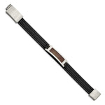Load image into Gallery viewer, Stainless Steel Polished with Wood Inlay Black Leather w/.5in ext BraceletSRB3040-7.75
