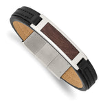 Load image into Gallery viewer, Stainless Steel Polished with Wood Inlay Black Leather w/.5in ext BraceletSRB3040-7.75
