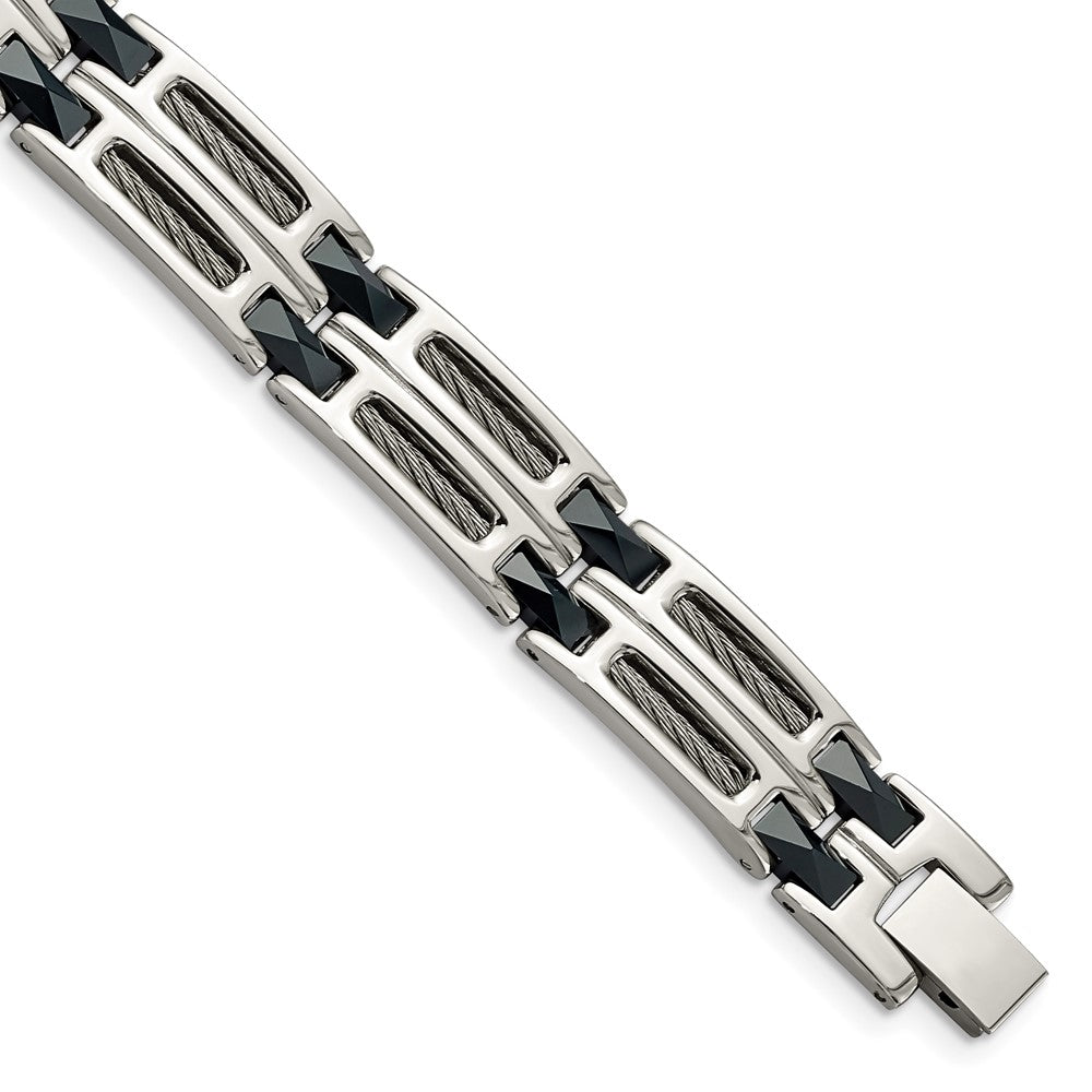 Stainless Steel and Blue Ceramic Fancy Link BraceletSRB338-8.75