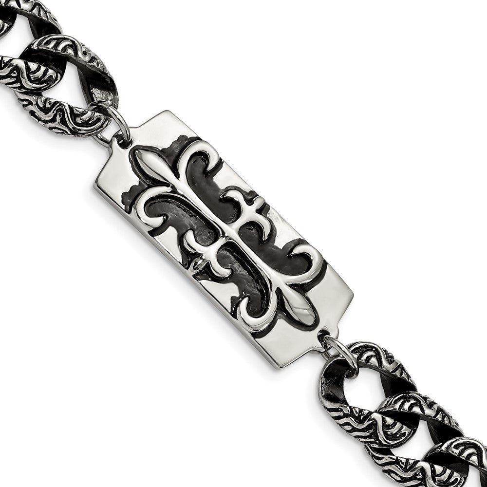 Stainless Steel Antiqued Fleur de Lis 9in BraceletSRB364-8.5