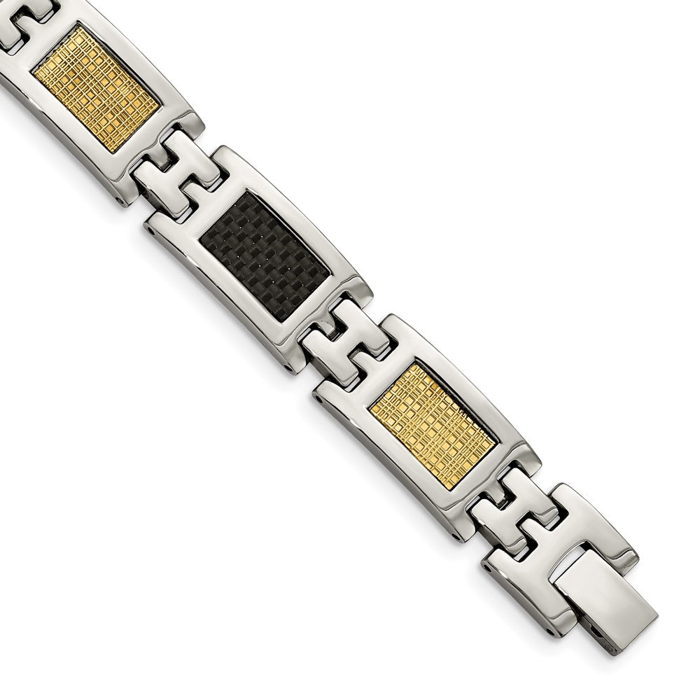 Stainless Steel Polished 14k Gold Filled & Carbon Fiber Inlay 8in BraceletSRB408-8