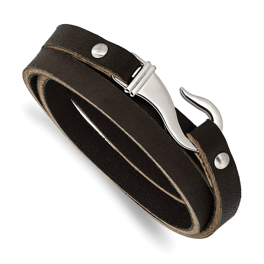 Stainless Steel Black and Brown Leather Wrap BraceletSRB529-24