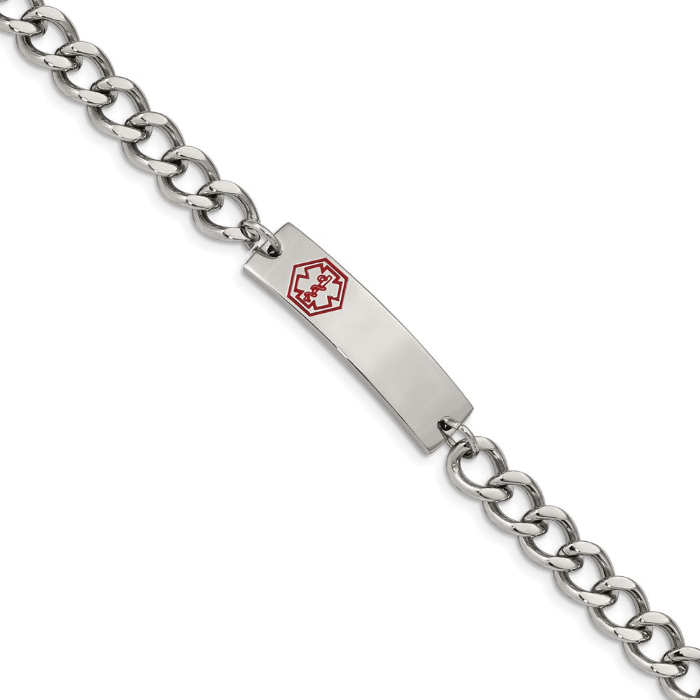 Stainless Steel Polished with Red Enamel 9.5in Medical ID BraceletSRB558-9.5