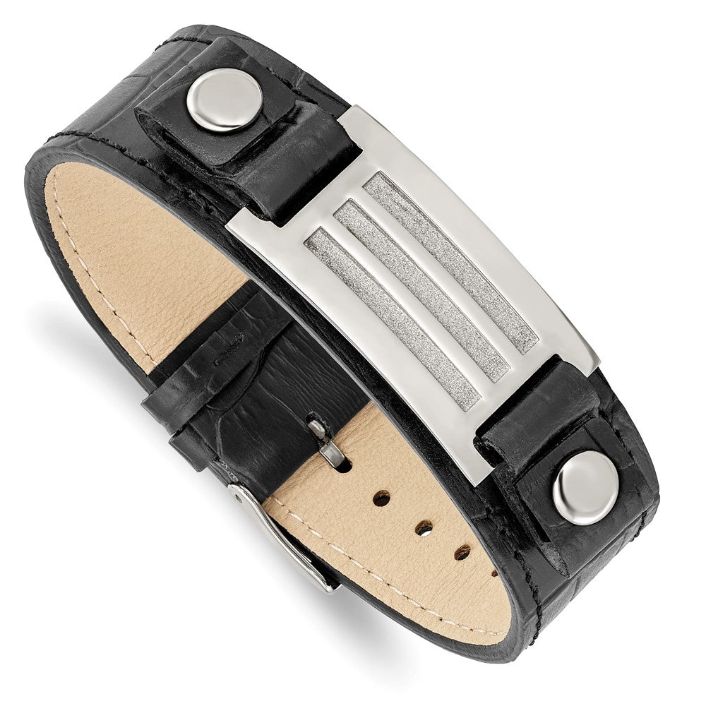 Stainless Steel Polished Black Leather w/Buckle w/Stone Finish 9.5in BraceSRB736-9.5