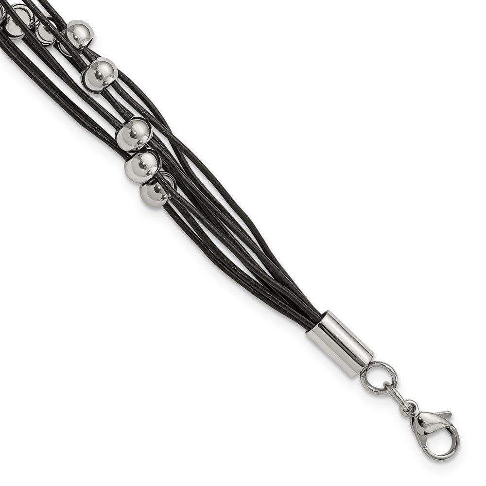 Stainless Steel Black Leather w/Beads 8in BraceletSRB749-8