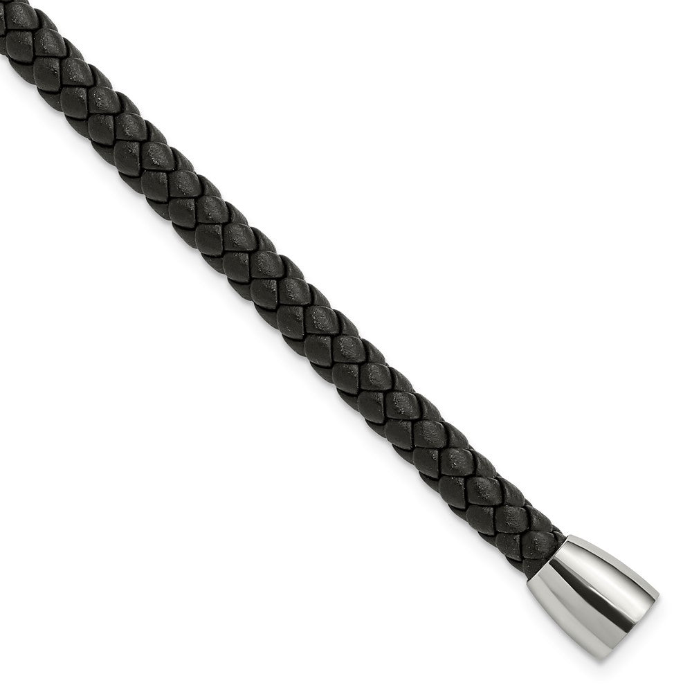 Stainless Steel Black Leather 8.5in BraceletSRB777-8.5