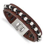 Load image into Gallery viewer, Stainless Steel Brown Leather with Polished Beads BraceletSRB779-8.5
