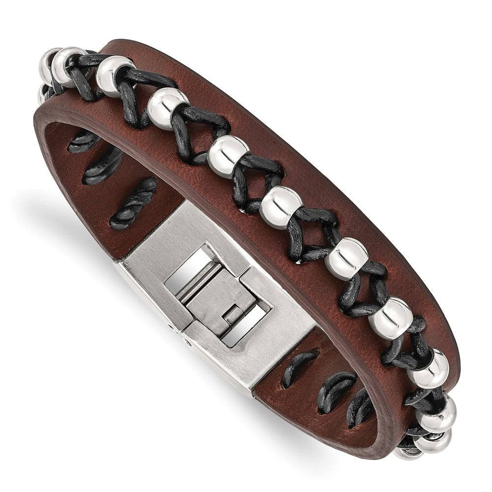 Stainless Steel Brown Leather with Polished Beads BraceletSRB779-8.5