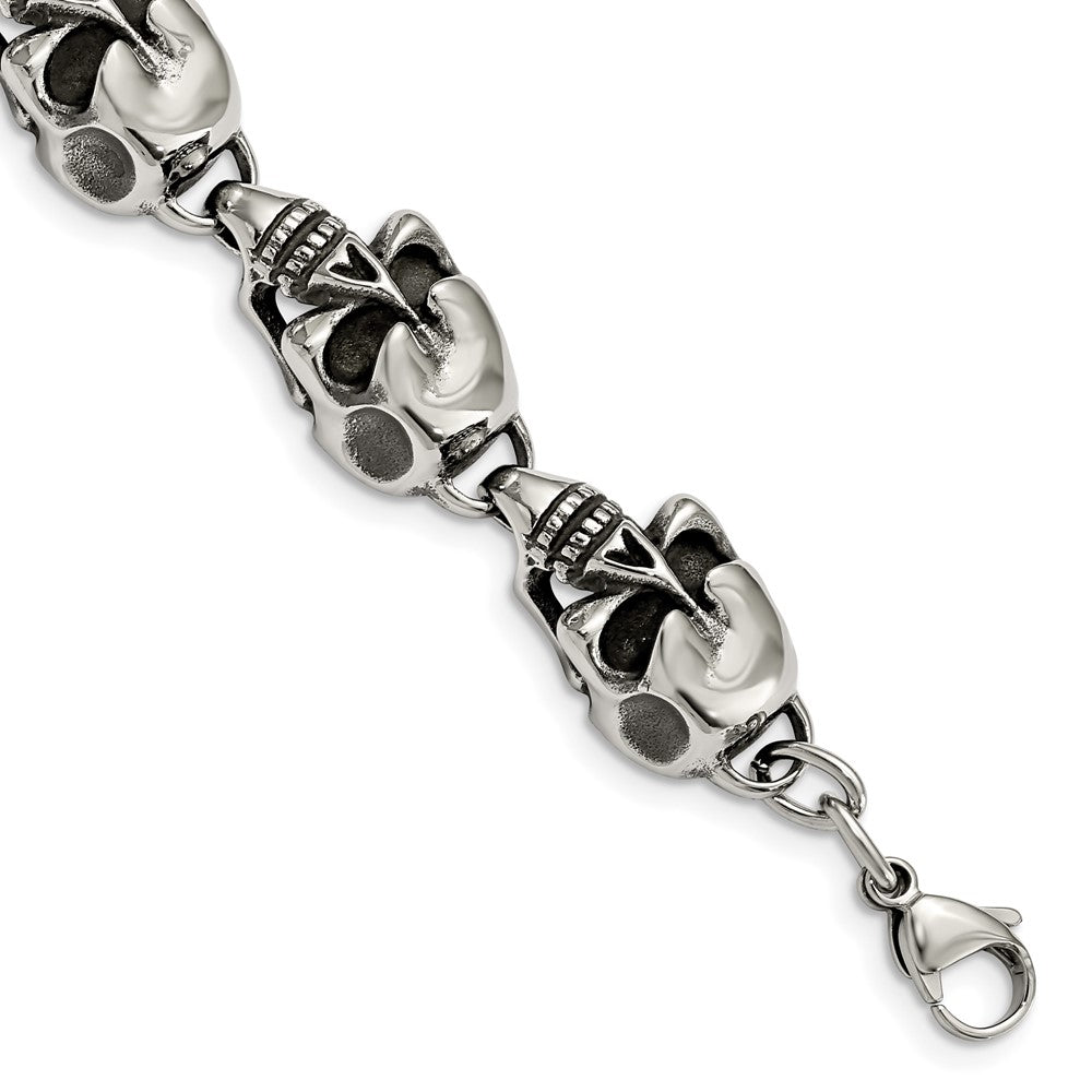 Stainless Steel Antiqued Skulls 8.5in BraceletSRB795-8.5