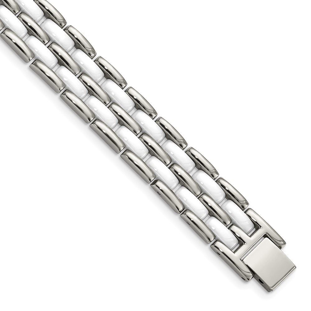 Stainless Steel Double Row White Ceramic 8.25in BraceletSRB799-8.25