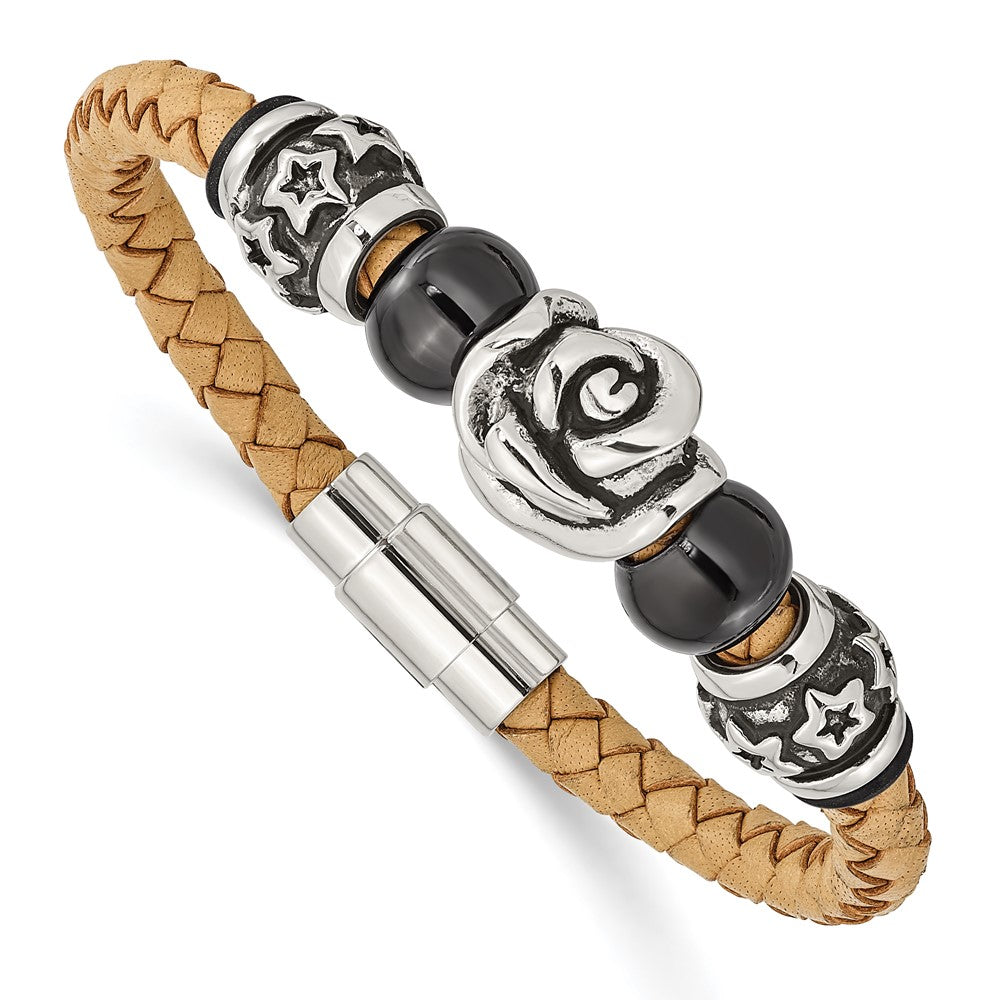 Stainless Steel Light Tan Leather w/Beads 7.5in BraceletSRB851-7.5