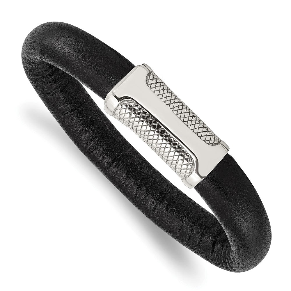 Stainless Steel Black Leather & Textured 8.5in BraceletSRB865-8.5