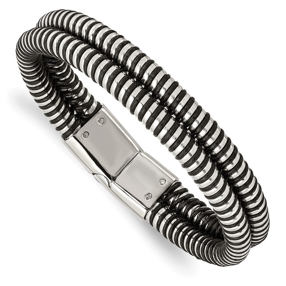 Stainless Steel Black Leather & Polished 8.5in BraceletSRB866-8.5