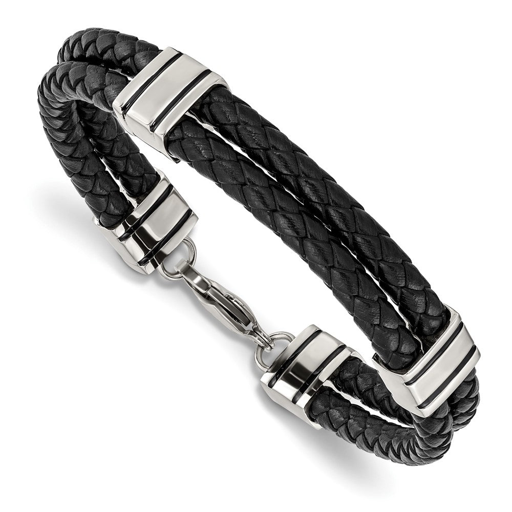 Stainless Steel Black Leather 9in BraceletSRB869-9