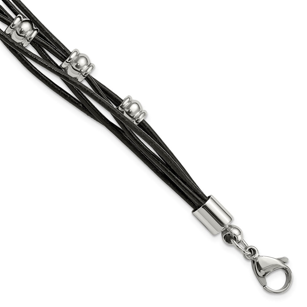 Stainless Steel Black Leather & Polished Beaded Multi Strand BraceletSRB870-7.5