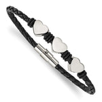 Load image into Gallery viewer, Stainless Steel Black Leather w/Polished Hearts 7.5in BraceletSRB871-7.5
