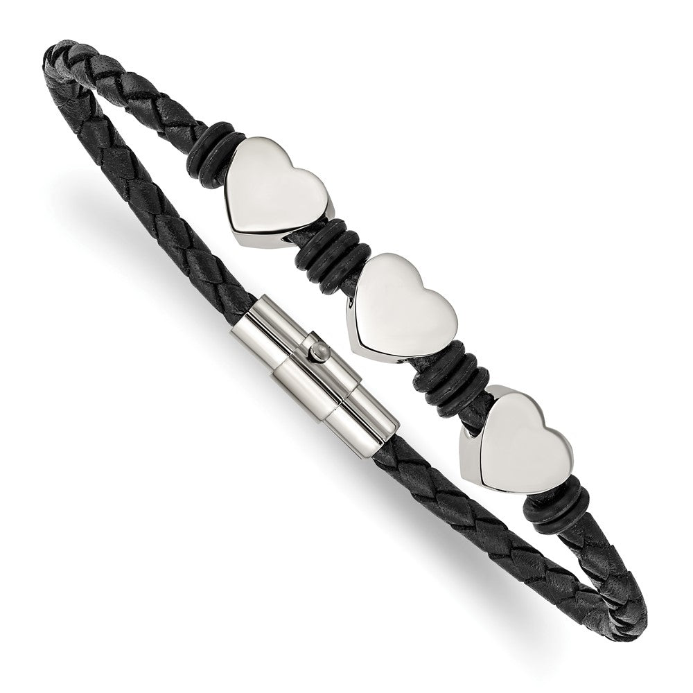 Stainless Steel Black Leather w/Polished Hearts 7.5in BraceletSRB871-7.5
