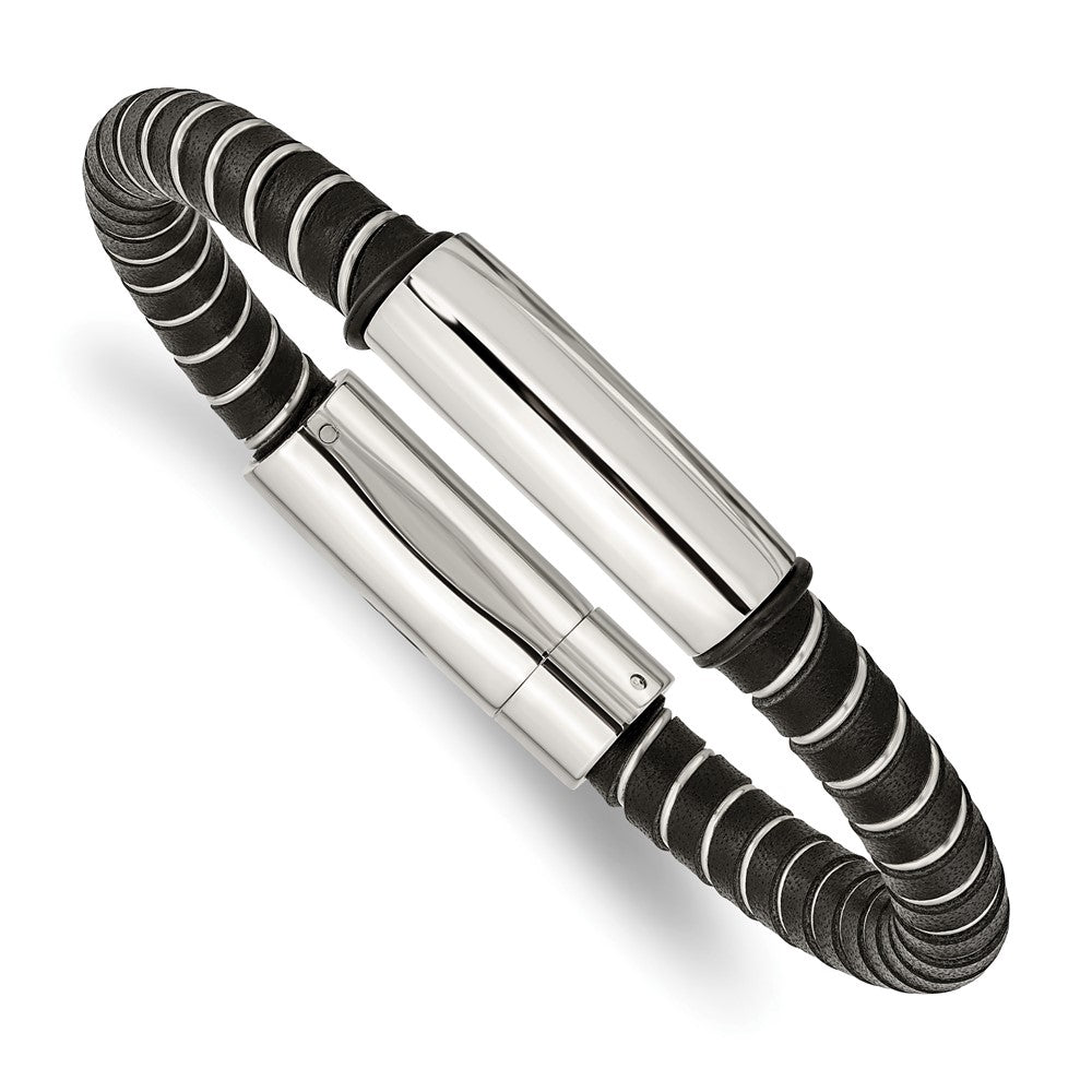 Stainless Steel Black Leather 8.75in BraceletSRB874-8.75