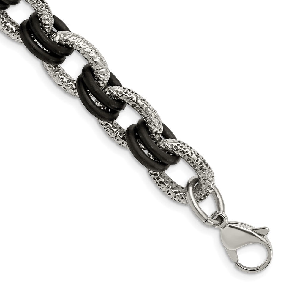 Stainless Steel Textured & Black Rubber 9in BraceletSRB904-9