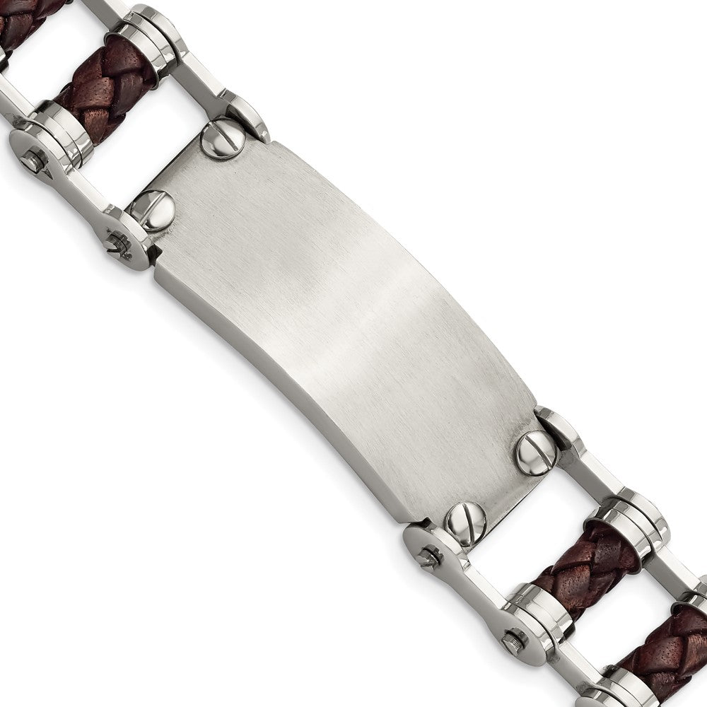 Stainless Steel Brown Leather with ID plate BraceletSRB909-9